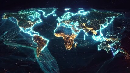 Poster - A digital map visualizing global navigation routes with bright neon lines connecting continents and major regions.
