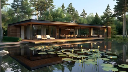 Wall Mural - Modern House with Pond and Water Lilies