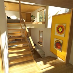 Wall Mural - Modern Wooden Staircase Interior Design with Yellow Wall and Abstract Art