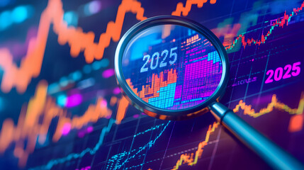 Poster - Futuristic Financial Market Analysis with Tech Powered Insights and Predictions for 2025  Magnifying glass over market data charts and analytics for strategic planning and informed decision making