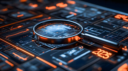 Poster - Futuristic digital interface with abstract data and technology elements on dark display  Digital technology information and high tech concepts