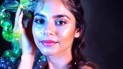 Poster - Close-up of a Woman With Glowing Iridescent Skin in Colorful Mist Generative AI