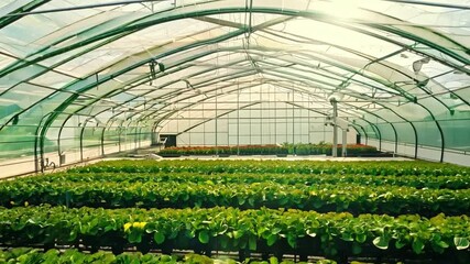 Poster - Lush green lettuce thrives in a spacious greenhouse filled with sunlight, showcasing a thriving agricultural environment.