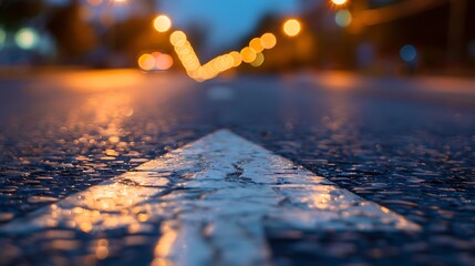 Canvas Print - Arrow marked concrete road at dusk with blurred backdrop