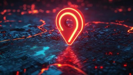 Poster - A bright neon navigation marker illuminates a dark urban map, signifying a specific location during nighttime.