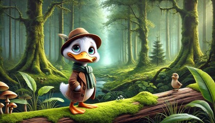 A duck standing on a moss-covered log in a lush, green forest