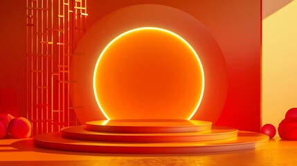 Wall Mural - Asian circular happy moderator with abstract lights studio shape and a red award podium in an orange chinese display background