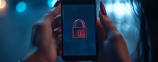 Two hands holding a smartphone with a padlock icon on the screen , Data security concept