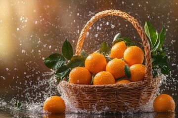 Wall Mural - Fresh oranges in a wicker basket, with water splashing around it, creating a beautiful and refreshing image.