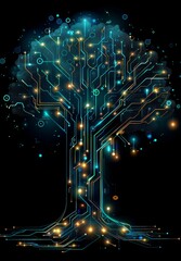 Poster - illustration of a futuristic tree blending nature with technology in a circuit board style