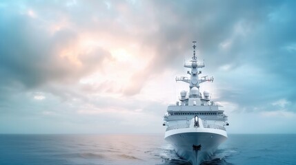 A large white ship with a blue sky in the background