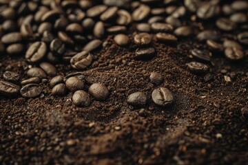 Sticker - Roasted coffee beans resting on a bed of freshly ground coffee, creating a rich and aromatic background