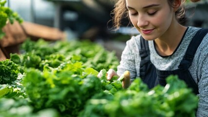 Aufkleber - A young woman carefully gathers vibrant green lettuce in a greenhouse, surrounded by healthy plants under natural light.