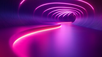 Poster - colorful neon tunnel with curves and glowing lights at night