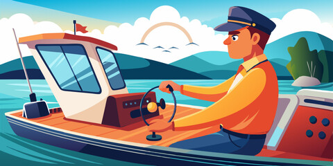 Boat trip. Recreation. The man controls the boat. Vector illustr
