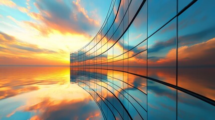 Poster - Futuristic skyscraper with curved glass walls reflecting the sunset