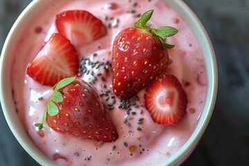 a bowl of yogurt with strawberries on top