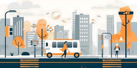 Simple Illustration of City Life with Bus and People