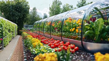 Poster - A greenhouse showcases a variety of colorful flowers and fresh vegetables, bathed in warm spring sunlight.