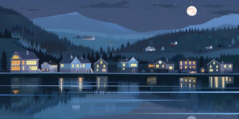 Wall Mural - Nighttime Landscape with Houses and a Lake