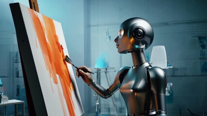 Poster - Humanoid AI Robot Painting in an Art Studio During Daytime Generative AI