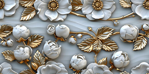 Seamless 3D elements of White and Golden luxury design Baroque Classical Relief Panel on Wall. Refined Gothic-inspired Stucco Molding With Floral Motifs. A Marble Carving in Late Ottoman Style.