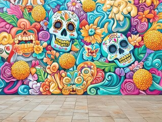 A powerful mural featuring symbols of Dia de Muertos, including skulls, marigolds, and imagery representing the connection between life and death