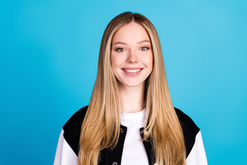 Poster - Photo of pretty cute lovely adorable schoolgirl wear stylish outfit isolated on blue color background