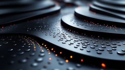 Poster - Abstract close-up of textured black surface with droplets and illuminated patterns in dim lighting