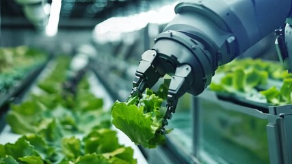 Aufkleber - A robotic arm efficiently picks fresh lettuce in a high-tech indoor farm, showcasing advancements in agriculture technology.