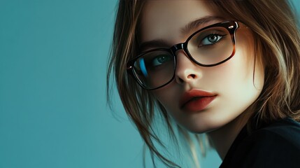 Poster - Close up portrait of a woman wearing glasses, looking away, with soft lighting on a blue background.