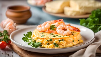 Wall Mural - homemade creamy omelet with shrimps or scrambled eggs and shrimps
