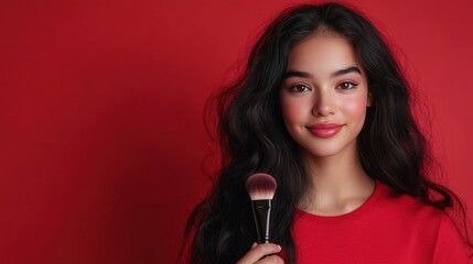 Poster - Young woman with long black hair in red shirt holding a makeup brush against a red background.