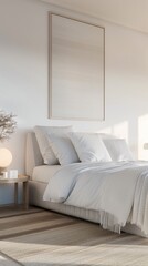 Leinwandbilder - Soft sunlight fills a peaceful bedroom featuring a simple bed, light textiles, and a touch of nature, creating a soothing atmosphere for relaxation