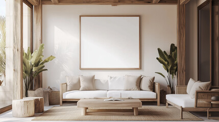 neutral natural modern living room wall art blank white canvas framed in oak wood, minimal Mediterranean villa style interior design