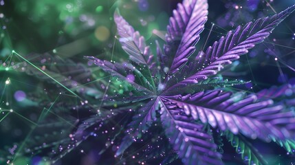 Marijuana leaves on a technology background, close up top view on cannabis leaves and branches on technology background for alternative medical and marketing design concept