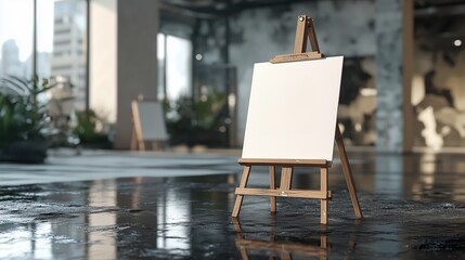 Poster - Empty easel in a modern art studio with polished floors and natural light