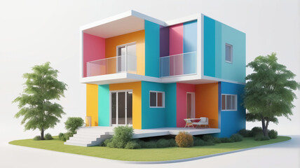 Wall Mural - minimal colorful house isolated on white background. cartoon style. 3d rendering