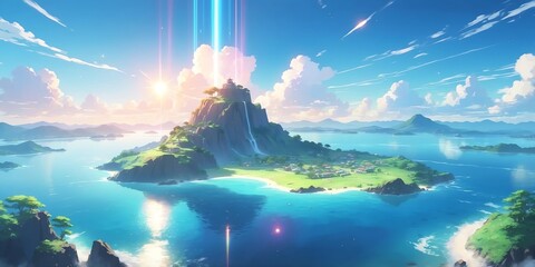 Wall Mural - Soft pastel anime style breathtaking panoramic view of a floating background