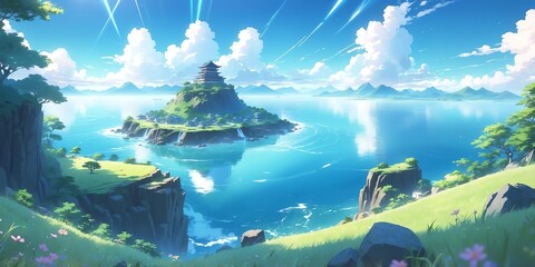 Sticker - Soft pastel anime style breathtaking panoramic view of a floating background