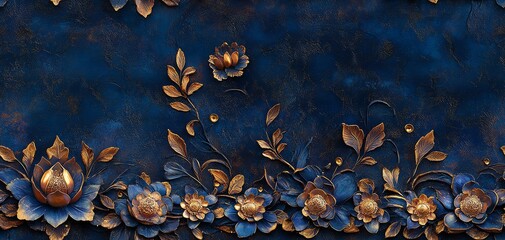 Elegant blue and gold floral background with embossed flowers and leaves.