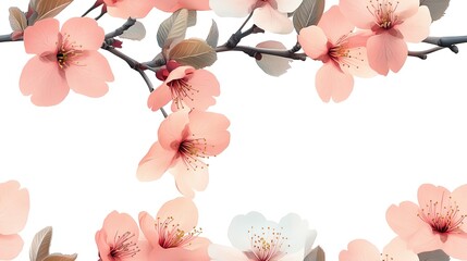 Wall Mural - Delicate pink cherry blossoms on a branch against a white background.