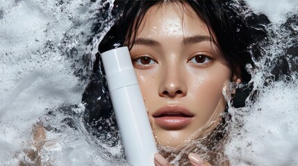 Canvas Print - Woman's face with water and white bottle.