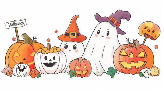 Halloween stickers featuring cute ghosts and pumpkins. Perfect for a festive Happy Halloween concept.