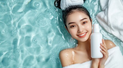 Canvas Print - Woman with white towel relaxing in blue water holding a bottle of product.