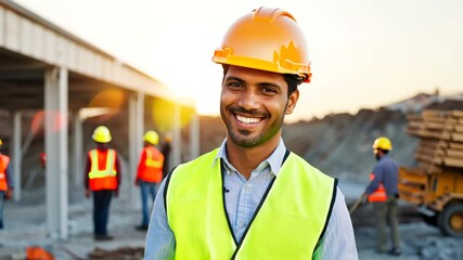 Poster - Builder Smiling While Adjusting Hard Hat at Construction Site Generative AI