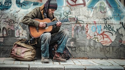 homeless man playing guitar on the street