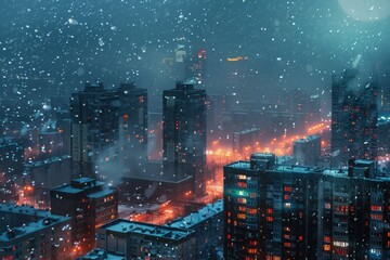 a view of a city at night in the snow