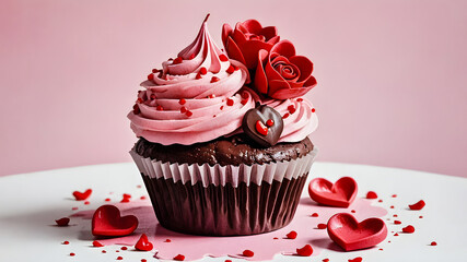 Wall Mural - 
beautiful delicious strawberry cupcake on a pink background. festive dessert for birthday. illustration.