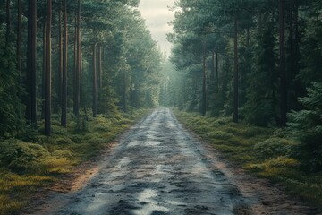 Road disappearing into the distance among tall pines, endless possibilities